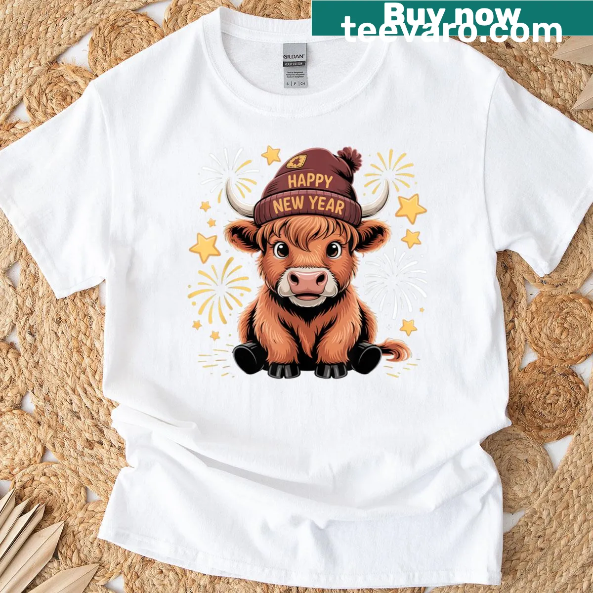 New Year T-shirt featuring a Highland cow with a party hat. — on a men's t-shirt