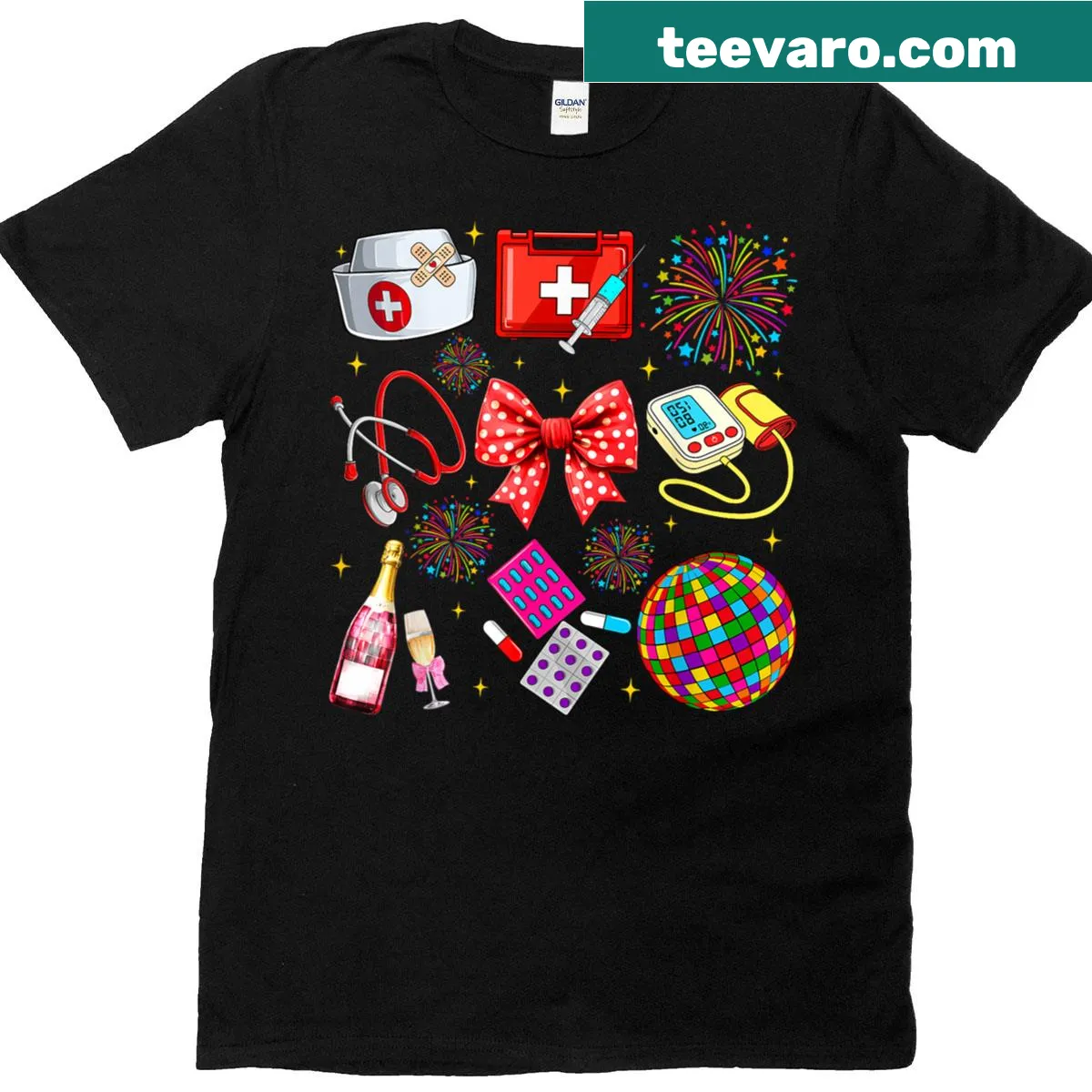 New Year Nurse Crew T-shirt featuring fireworks graphic. — on a men's t-shirt