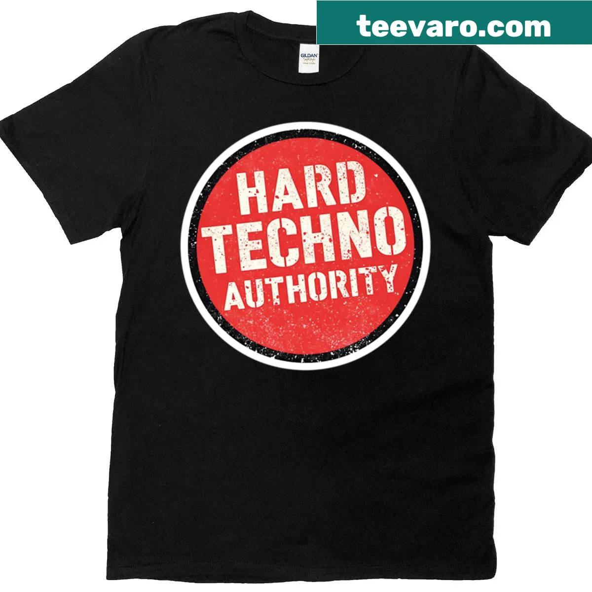Bold typography t-shirt declaring Hard Techno Authority — on a men's t-shirt