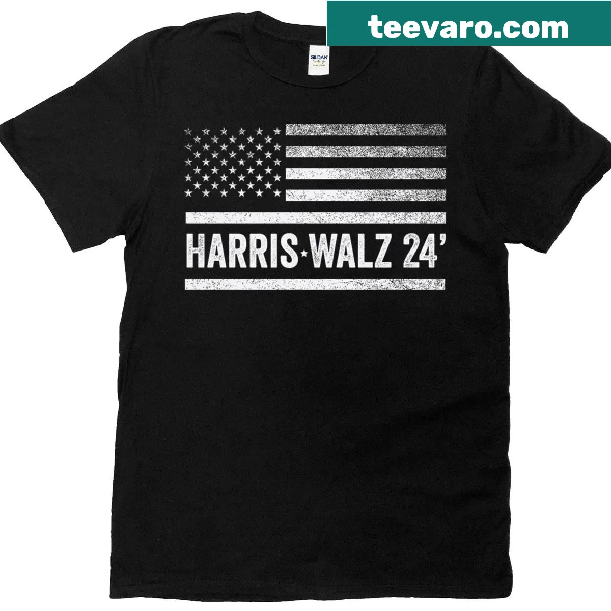 American flag design with Kamala Harris and Tim Waltz names on T-shirt — on a men's t-shirt