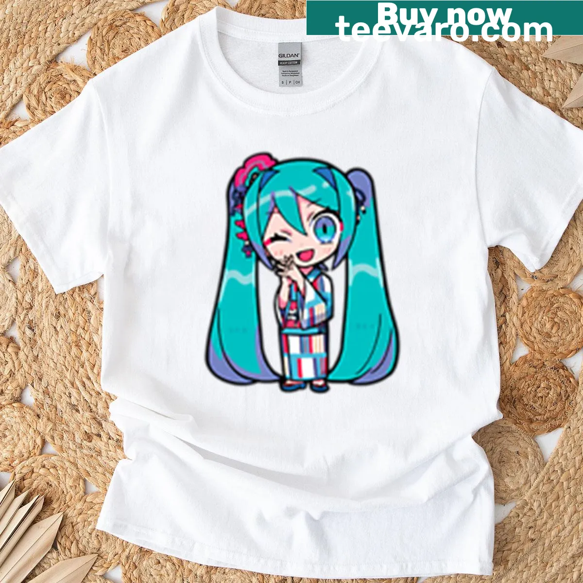 Vocaloid T-shirt featuring detailed anime art of Hatsune Miku — on a men's t-shirt
