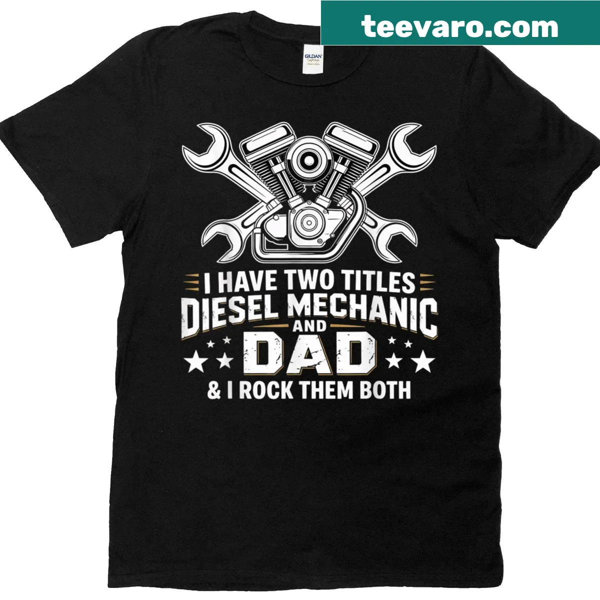 T-shirt for a Diesel Mechanic Dad with titles displayed creatively. — on a men's t-shirt