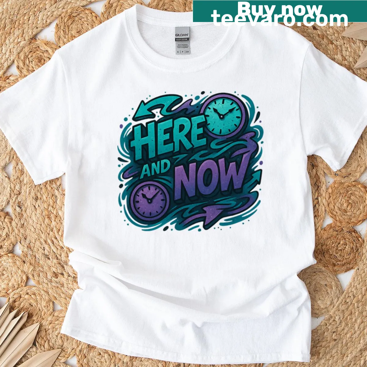 T-shirt featuring the phrase 'Here And Now' in clean typography — on a men's t-shirt