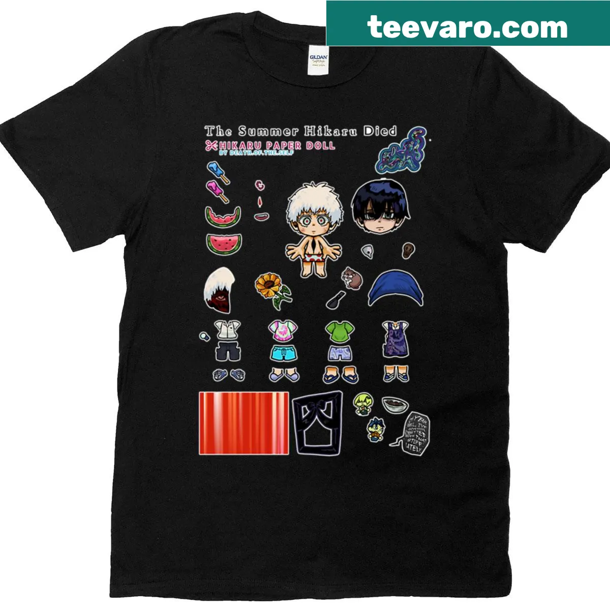 Whimsical paper doll design with cutout borders on a T-shirt — on a men's t-shirt