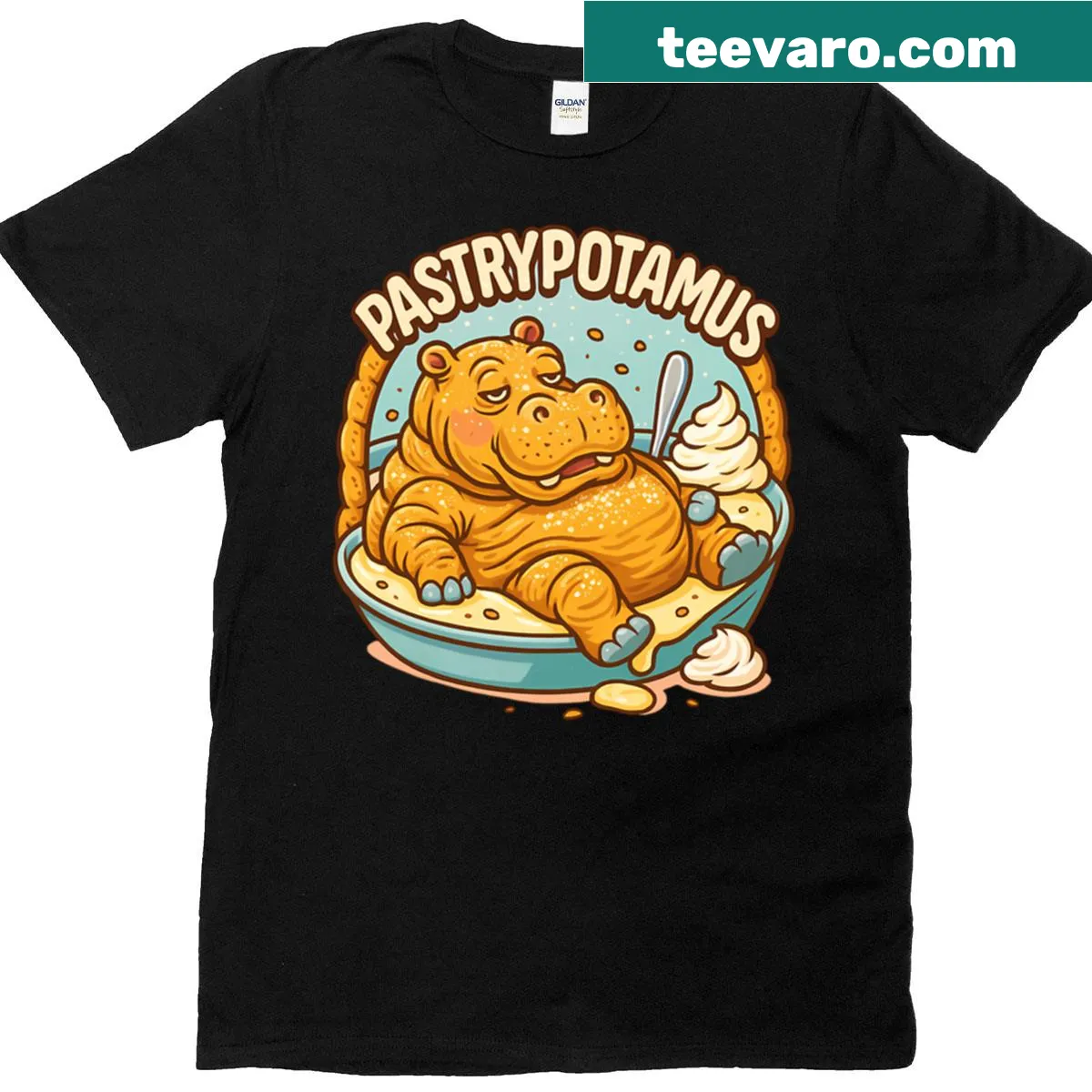 Cartoon hippo enjoying a dessert pastry on a cute t-shirt — on a men's t-shirt