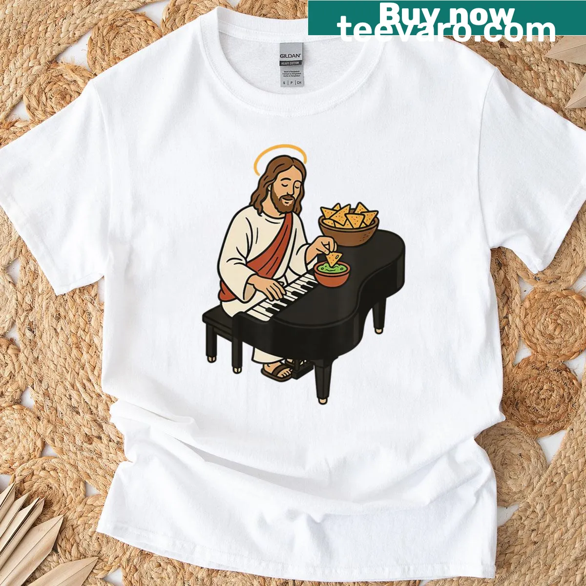 Humorous graphic of Jesus jamming and nachos on T-shirt — on a men's t-shirt