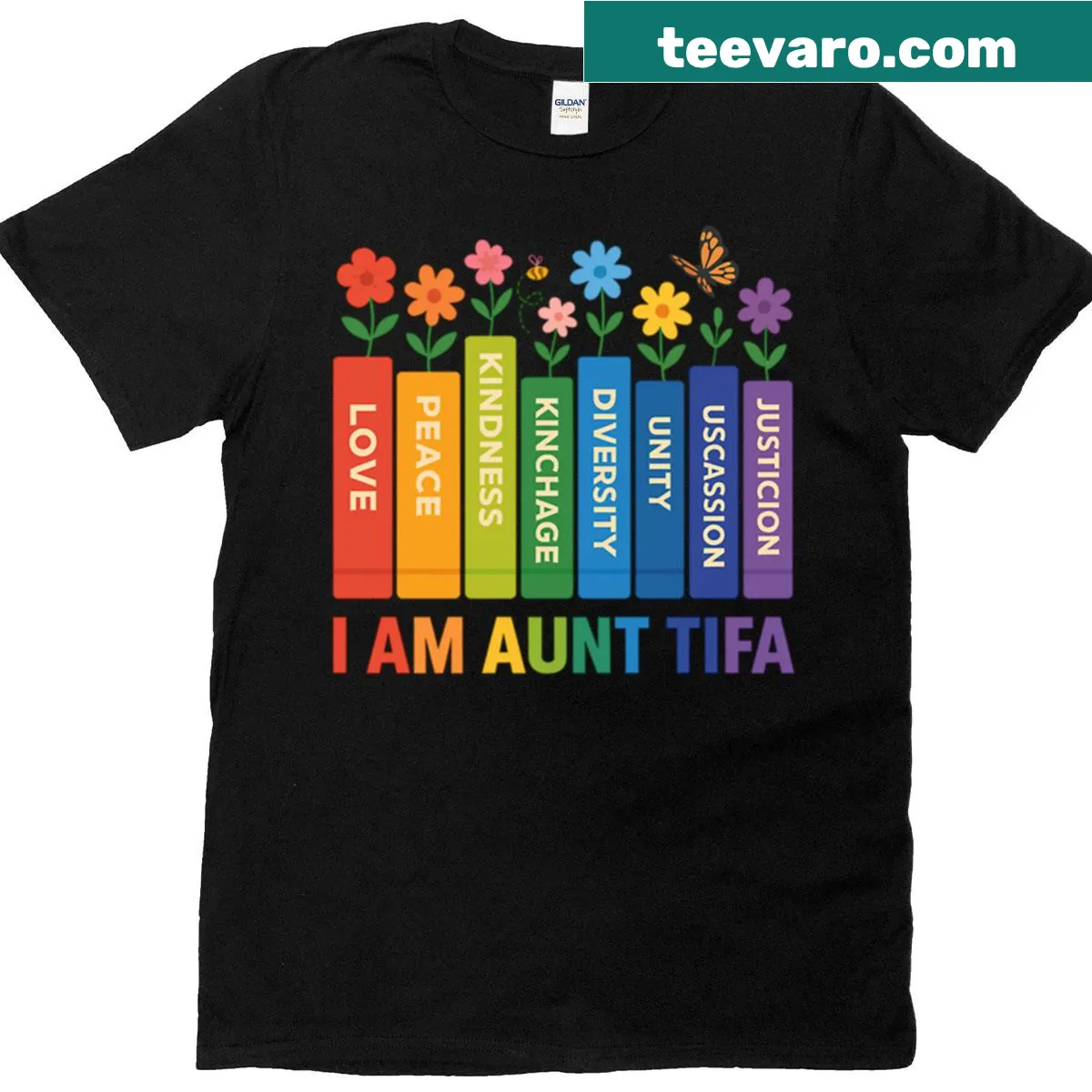 Illustrative bookshelf design celebrating being an aunt with love and diversity — on a men's t-shirt