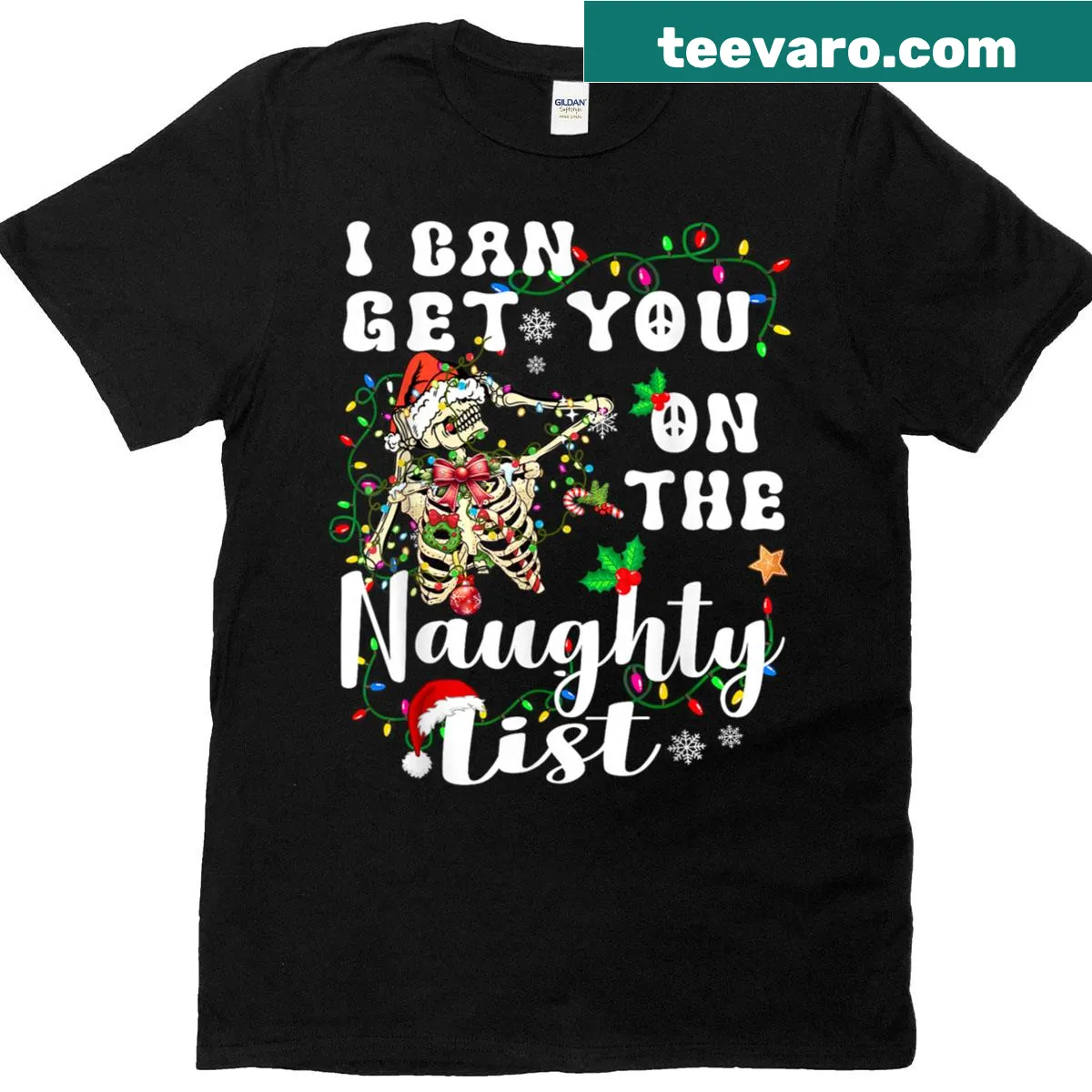 Skeleton family Christmas shirt with funny naughty list theme — on a men's t-shirt