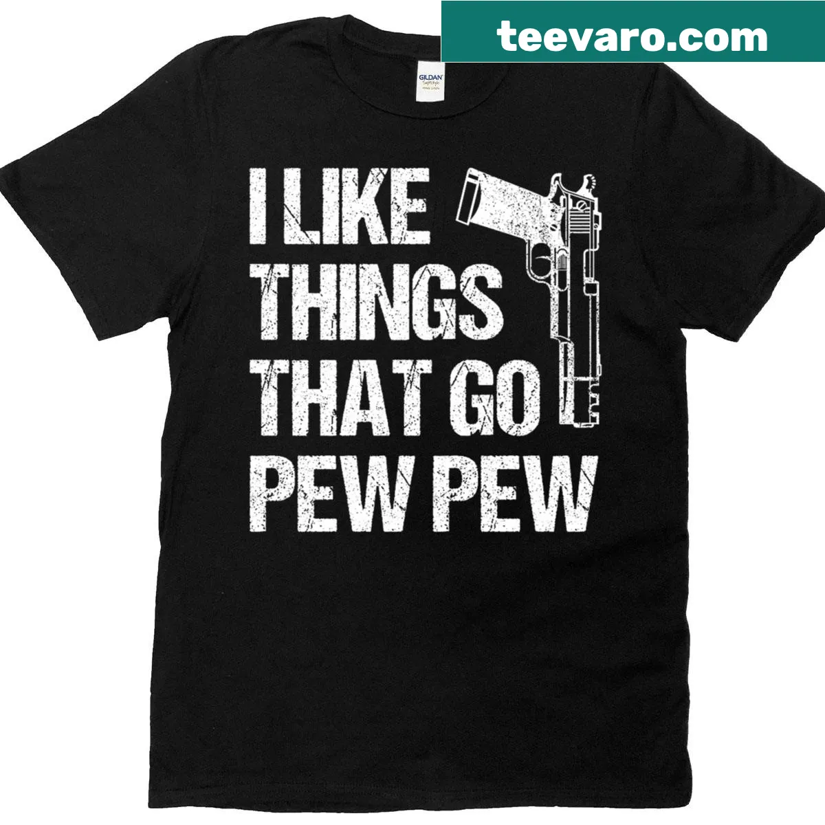 T-shirt featuring the phrase 'I Like Things That Go Pew Pew' in bold text — on a men's t-shirt