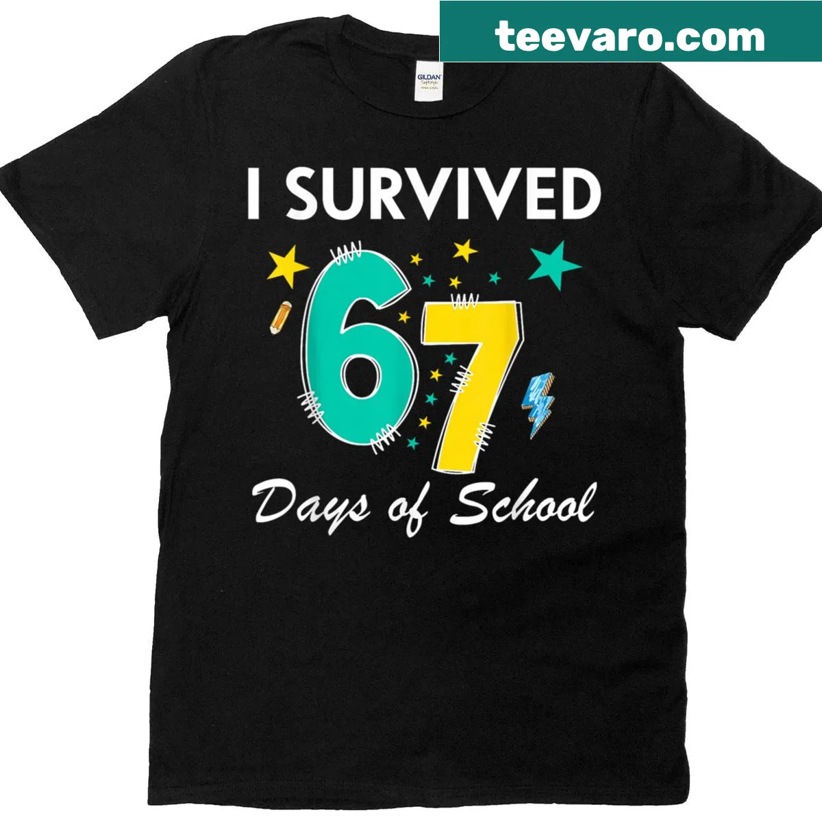 Funny I Survived 67 Days Of School t-shirt with meme text — on a men's t-shirt