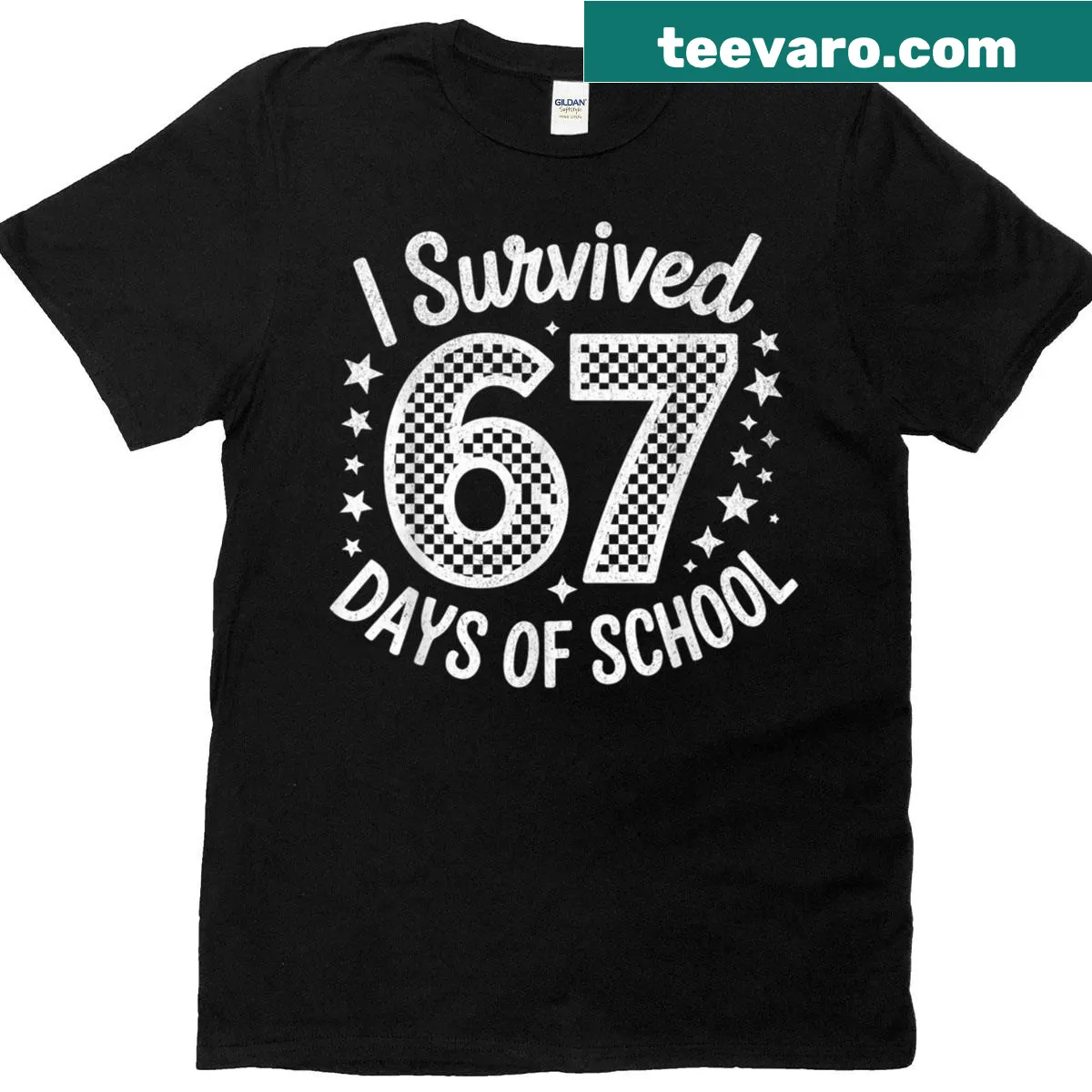 Playful t-shirt stating 'I Survived 67 Days Of School' with Halloween theme — on a men's t-shirt