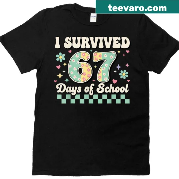 Retro t-shirt for teachers celebrating survival of 67 days of school