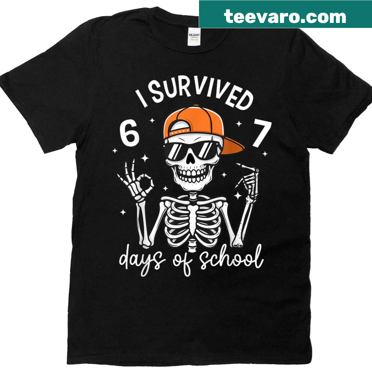 Skeleton graphic with text about surviving school for kids — on a men's t-shirt