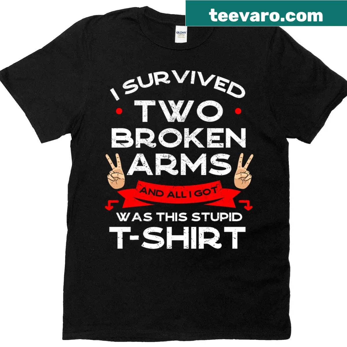 Humorous graphic about surviving two broken arms on a t-shirt — on a men's t-shirt