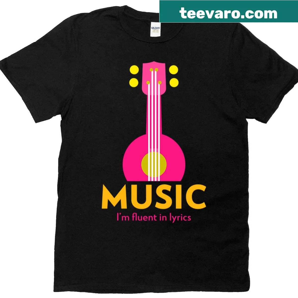 Graphic guitar design intertwined with musical notes. — on a men's t-shirt