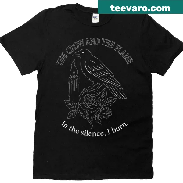 Artistic t-shirt featuring a crow and flame design conveying deep meaning.