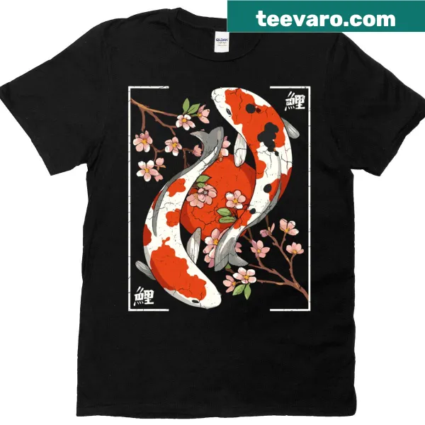 T-shirt featuring kawaii style Japanese koi carp fish and cherry blossoms