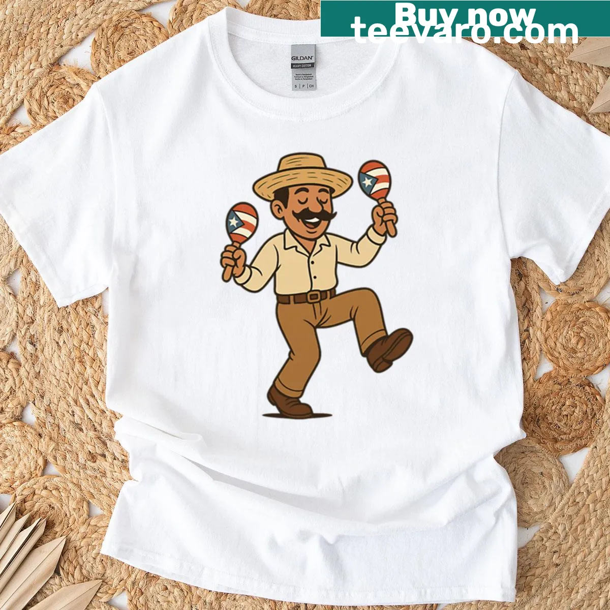 Illustration of a dancer with maracas celebrating Puerto Rican culture — on a men's t-shirt