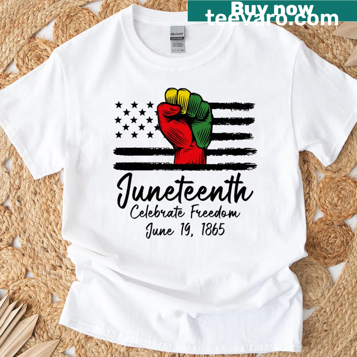Juneteenth tribute T-shirt with June 19th and 1865 text — on a men's t-shirt