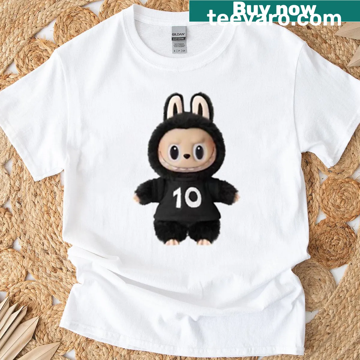 All black Labubu character T-shirt for 10th anniversary — on a men's t-shirt