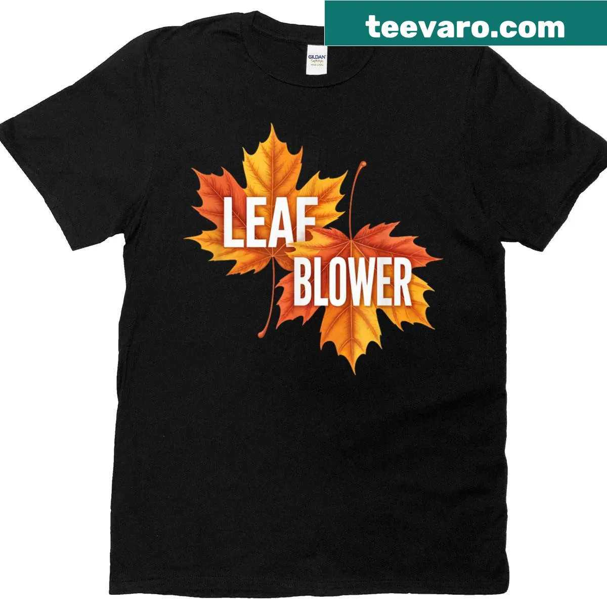 Playful leaf blower autumn graphic on a T-shirt — on a men's t-shirt
