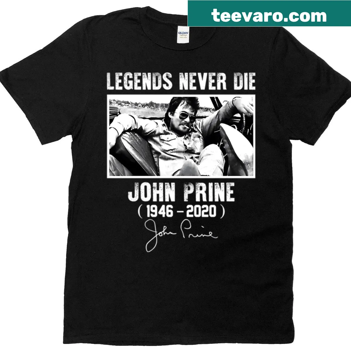 Tribute t-shirt featuring 'Legends Never Die' and John Prine illustration — on a men's t-shirt