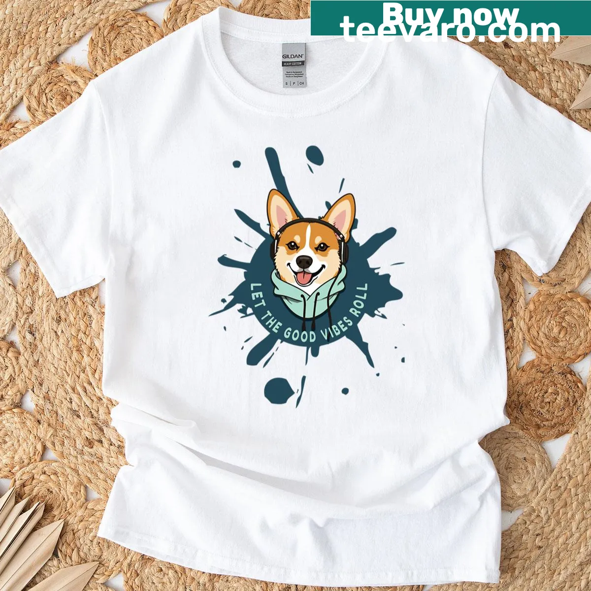 Cute cartoon corgi with headphones on a music-themed T-shirt. — on a men's t-shirt