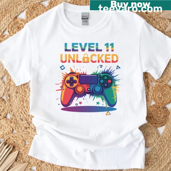 Level 11 Unlocked T-shirt celebrating an 11th birthday with a gaming theme