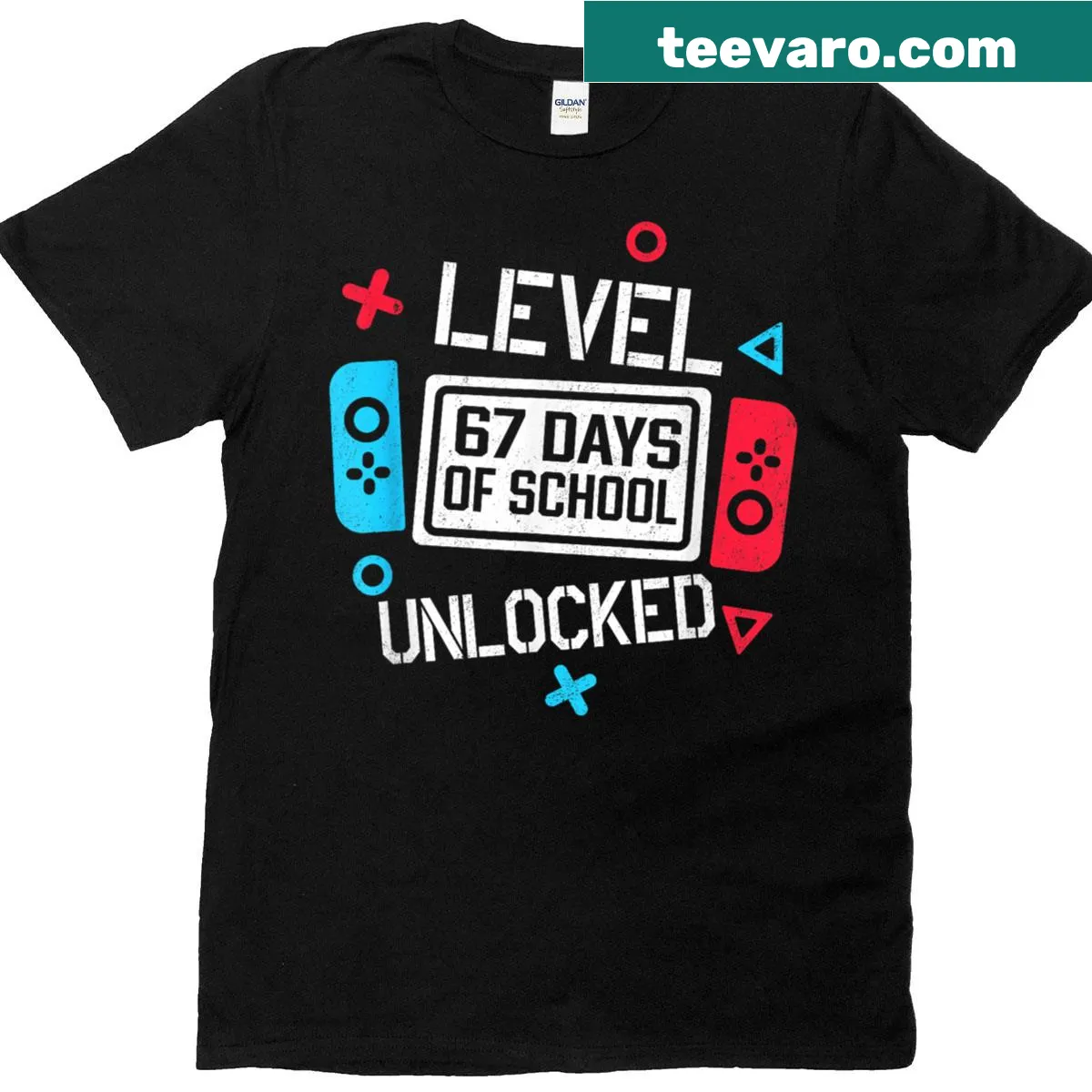 Funny gamer t-shirt featuring 'Level 67: Days of School Unlocked' text — on a men's t-shirt