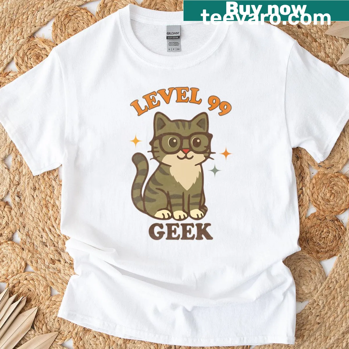 Cute gaming kitten graphic with headset and 'Level 99 Geek Cat' text — on a men's t-shirt
