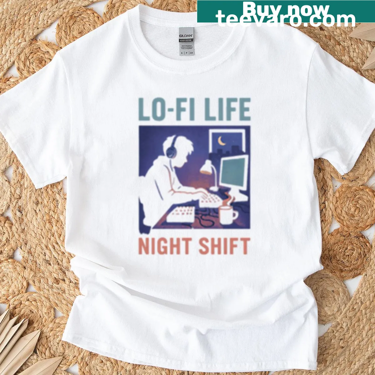 Illustration of a character enjoying lo-fi music on a night shift shirt — on a men's t-shirt