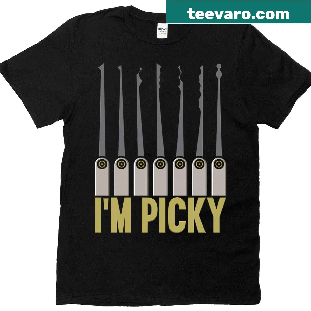 Proud locksmith T-shirt featuring 'I'm Picky' graphic for professionals. — on a men's t-shirt