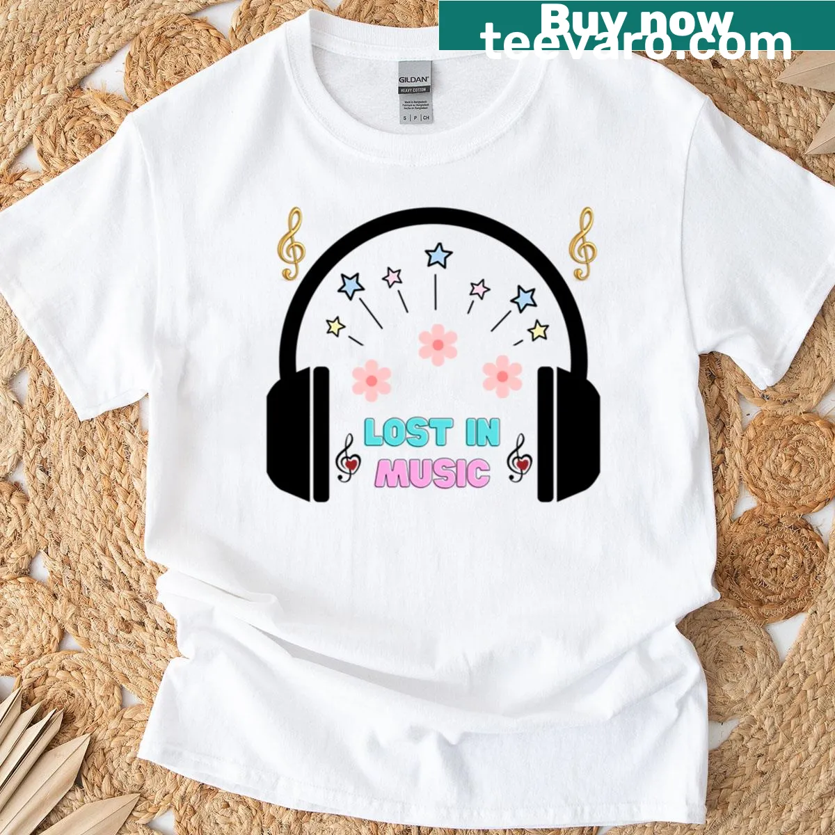 Illustrated T-shirt featuring dreamy headphones and musical elements. — on a men's t-shirt