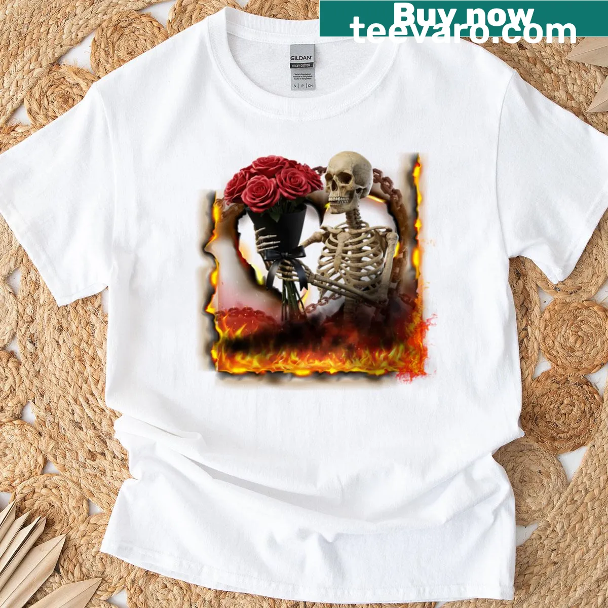 Playful T-shirt with the phrase 'Love Is In Fire' and fiery graphic — on a men's t-shirt