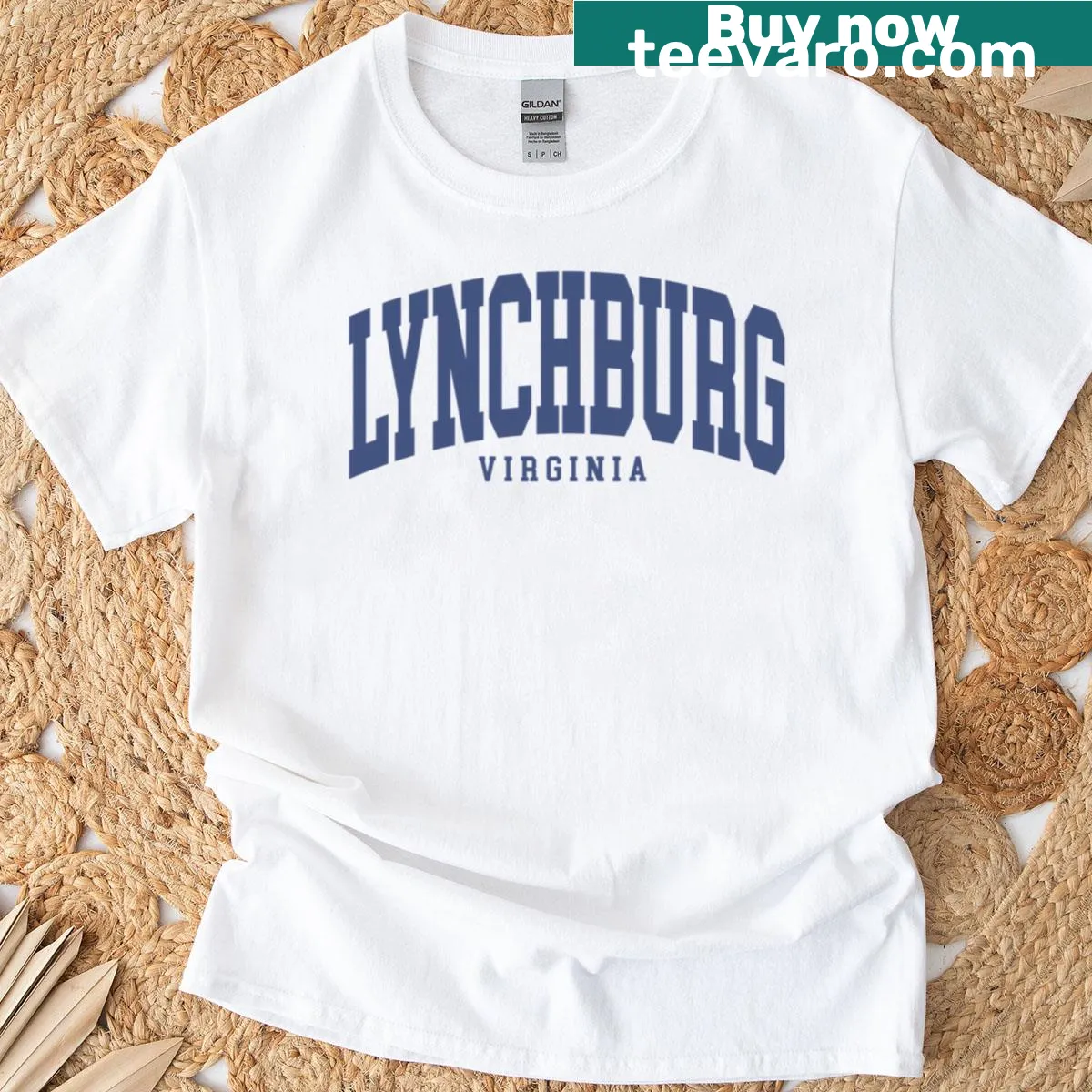 Curved typography T-shirt featuring 'Lynchburg, VA' text — on a men's t-shirt