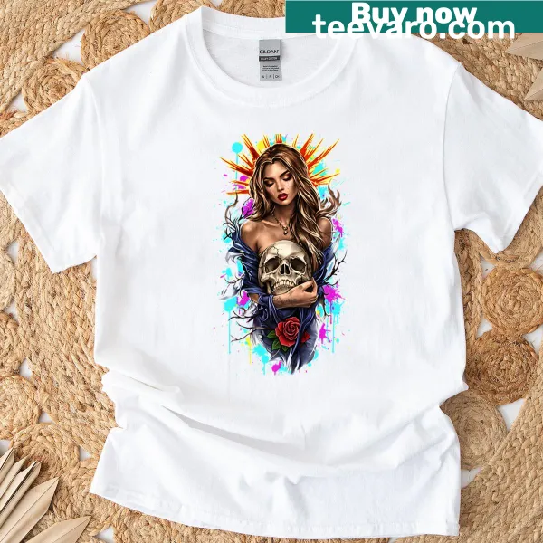 Illustrated T-shirt featuring a Madonna of the Skull with neon elements.