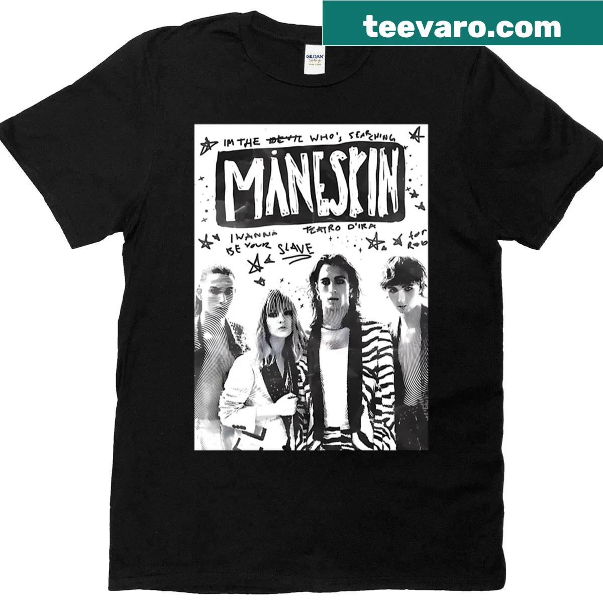 Maneskin Doodles shirt featuring playful illustrations inspired by the band — on a men's t-shirt