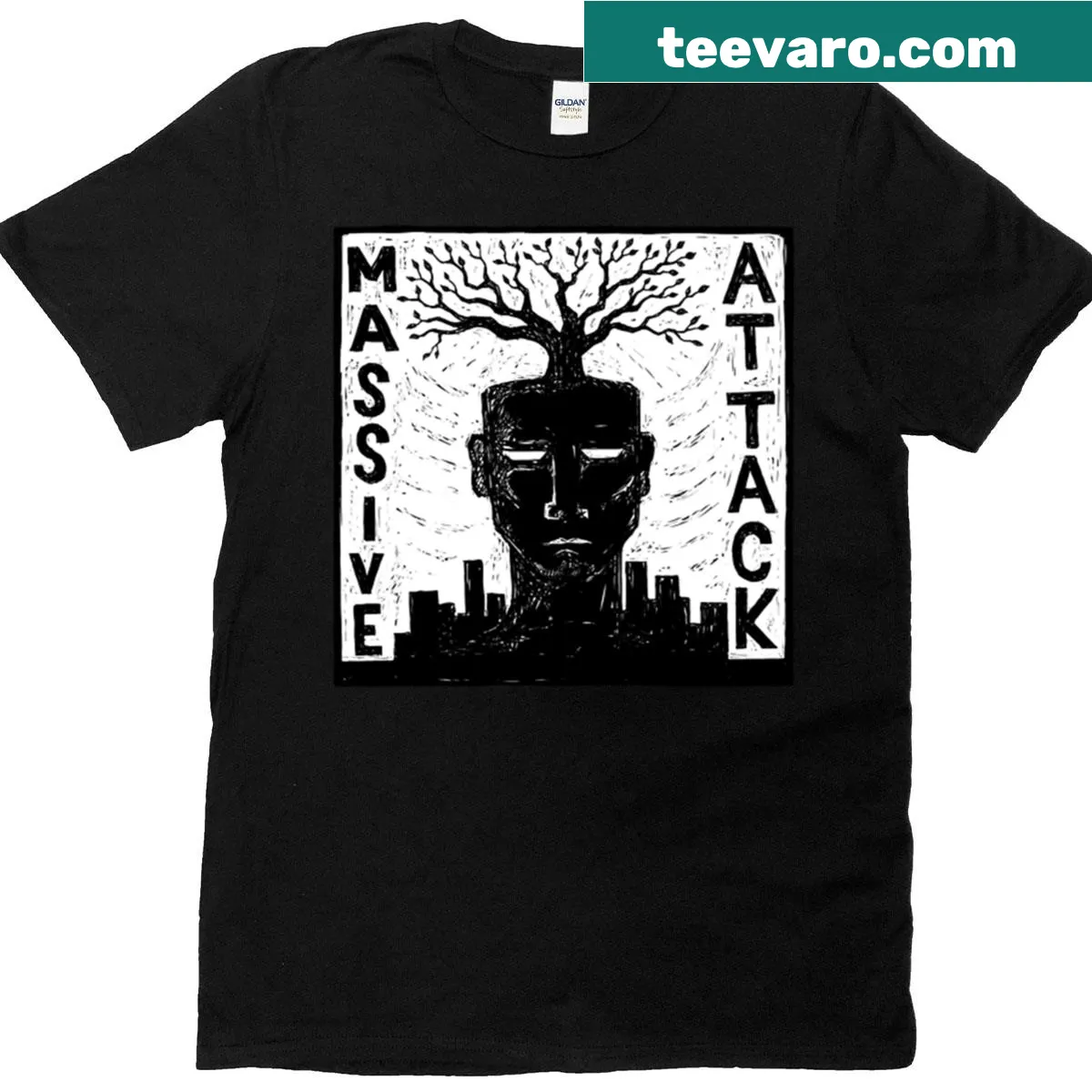 Music-inspired t-shirt featuring Massive Attack Mood Sketch design — on a men's t-shirt