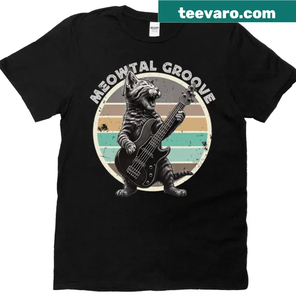 Vintage design of a cat playing bass on a T-shirt.