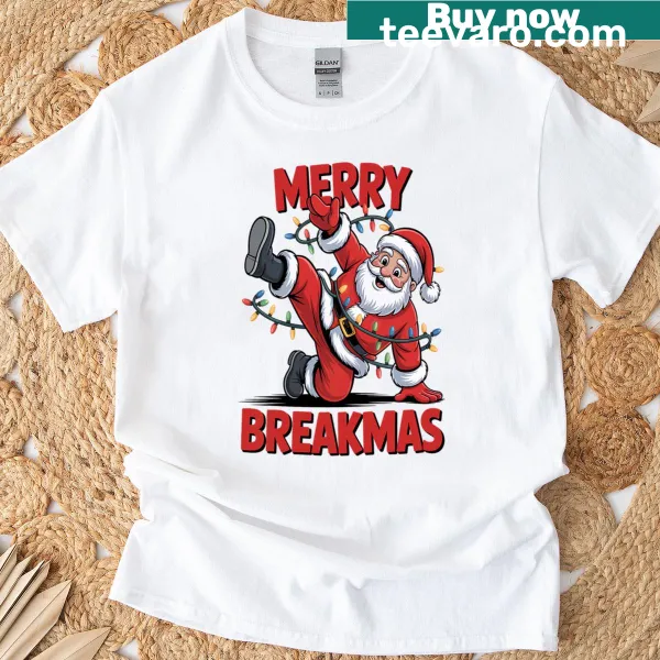 Cartoon Santa breakdancing with Christmas lights