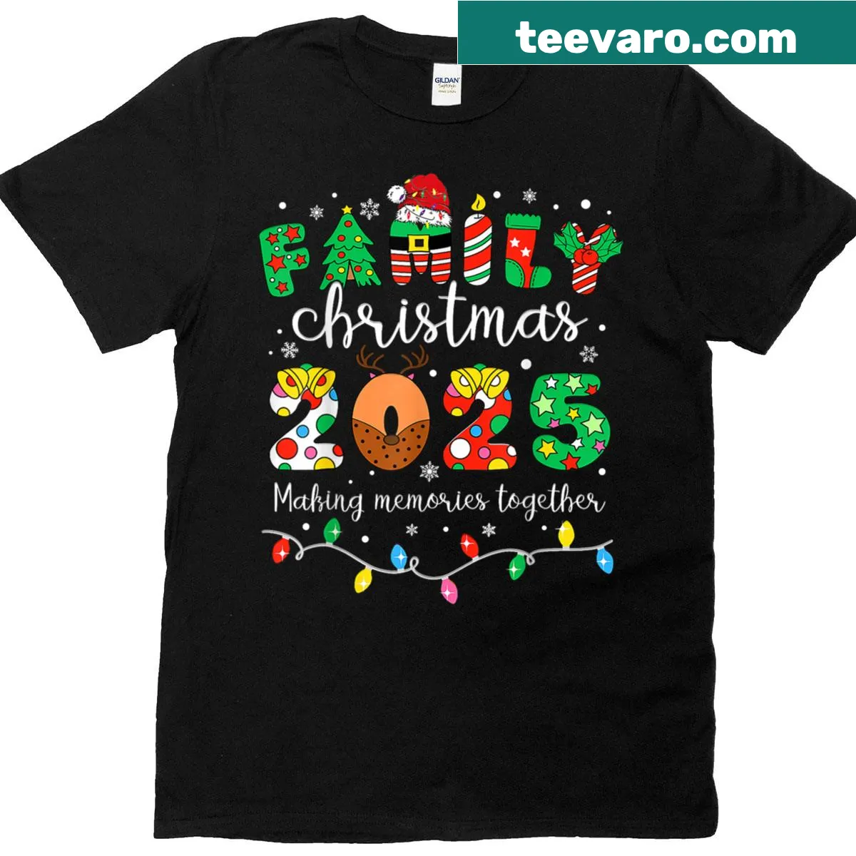 Festive T-shirt with Christmas lights and Santa hat illustration — on a men's t-shirt