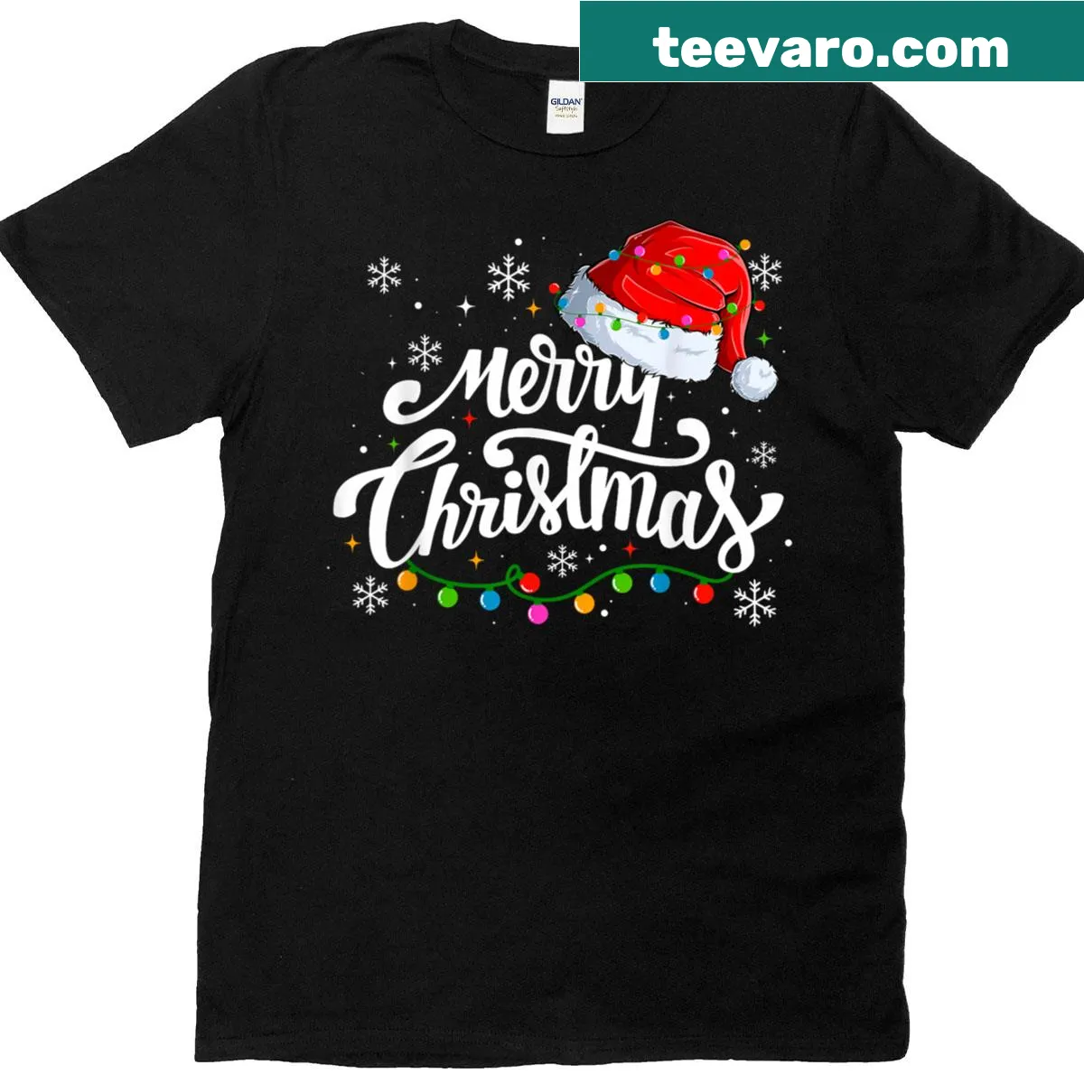 Matching family Christmas tee with Santa hats and lights — on a men's t-shirt