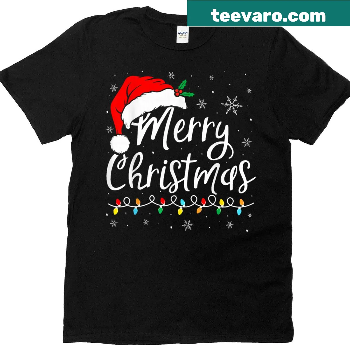 Illustration of a reindeer with a Santa hat on a tee — on a men's t-shirt