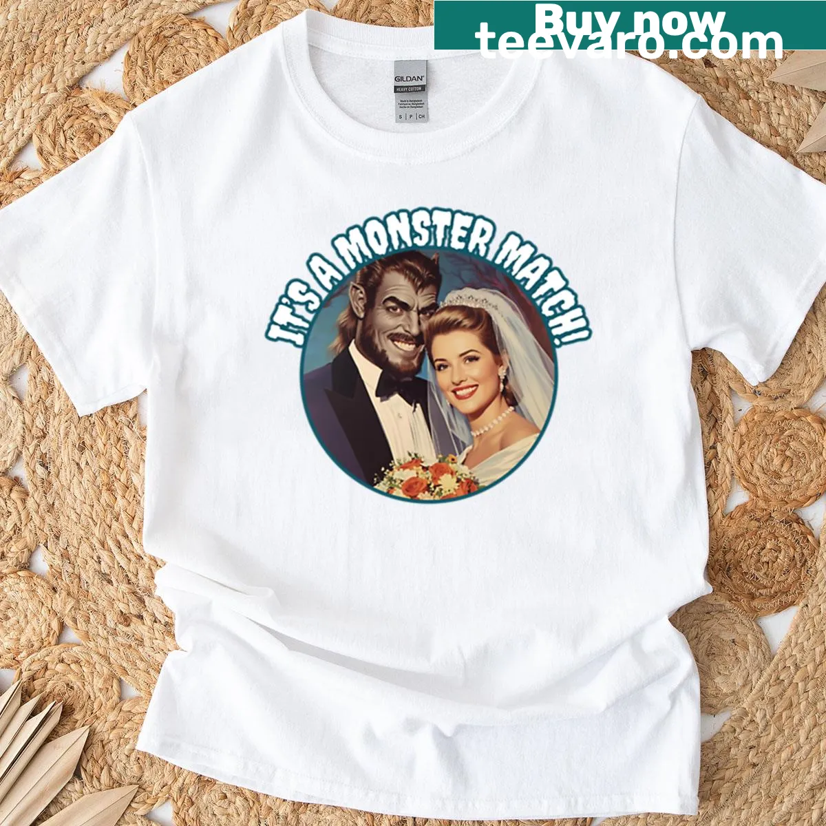 Couple themed T-shirt featuring retro-style monsters — on a men's t-shirt