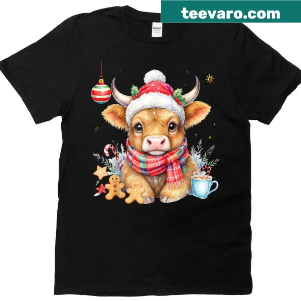 Cute Christmas T-shirt with Highland cow wearing a Santa hat