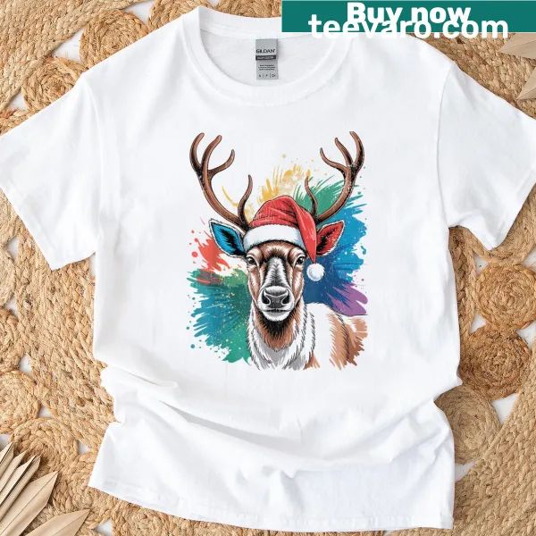 Funny Christmas T-shirt featuring a moose in a Santa hat