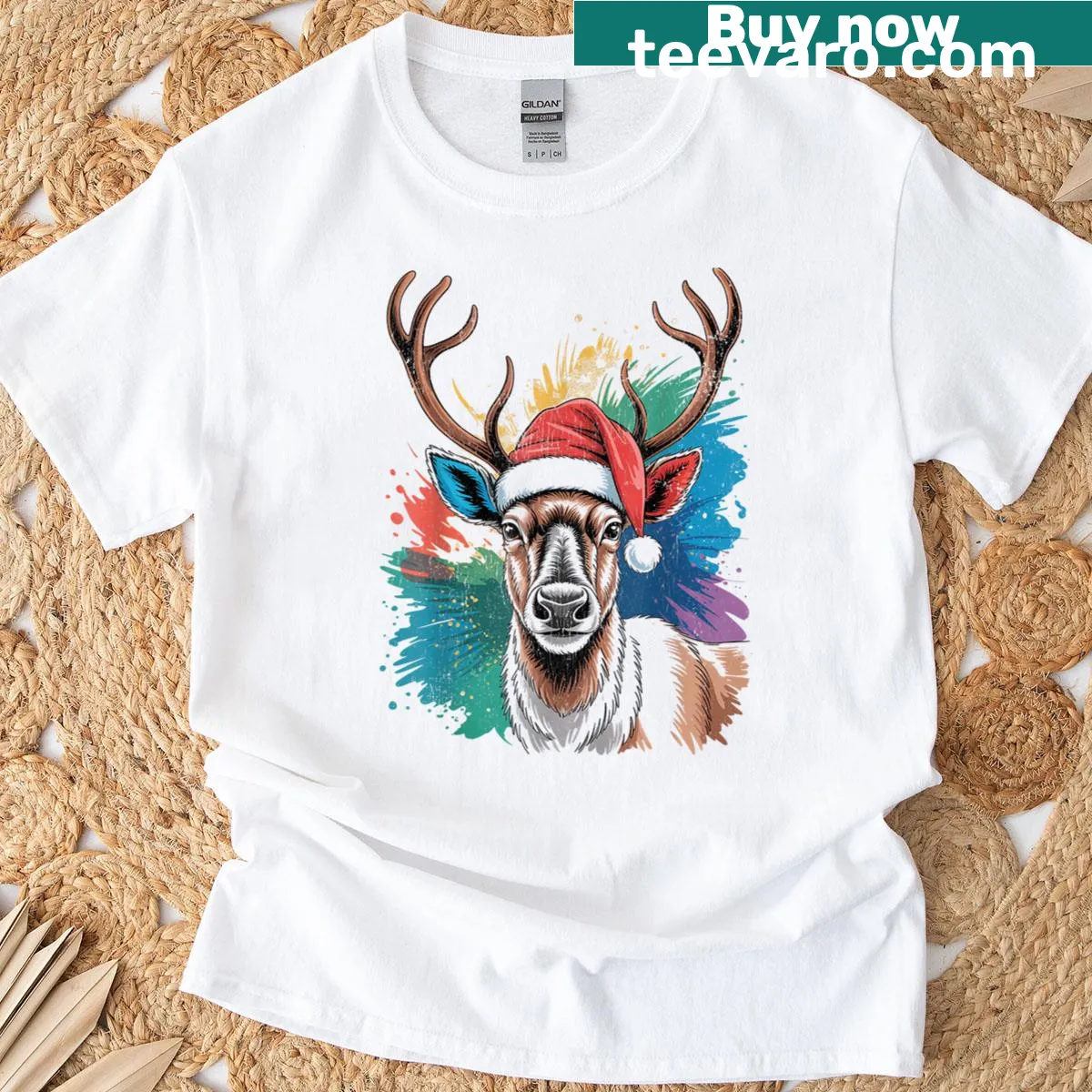 Funny Christmas T-shirt featuring a moose in a Santa hat — on a men's t-shirt