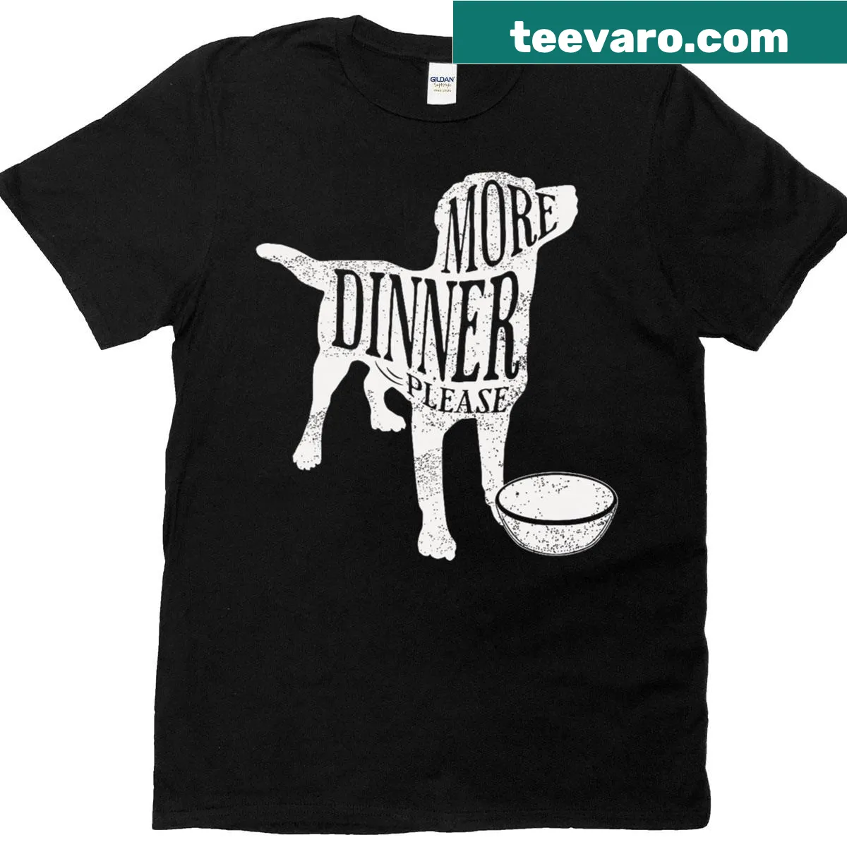 Dog silhouette graphic with the text More Dinner Please — on a men's t-shirt
