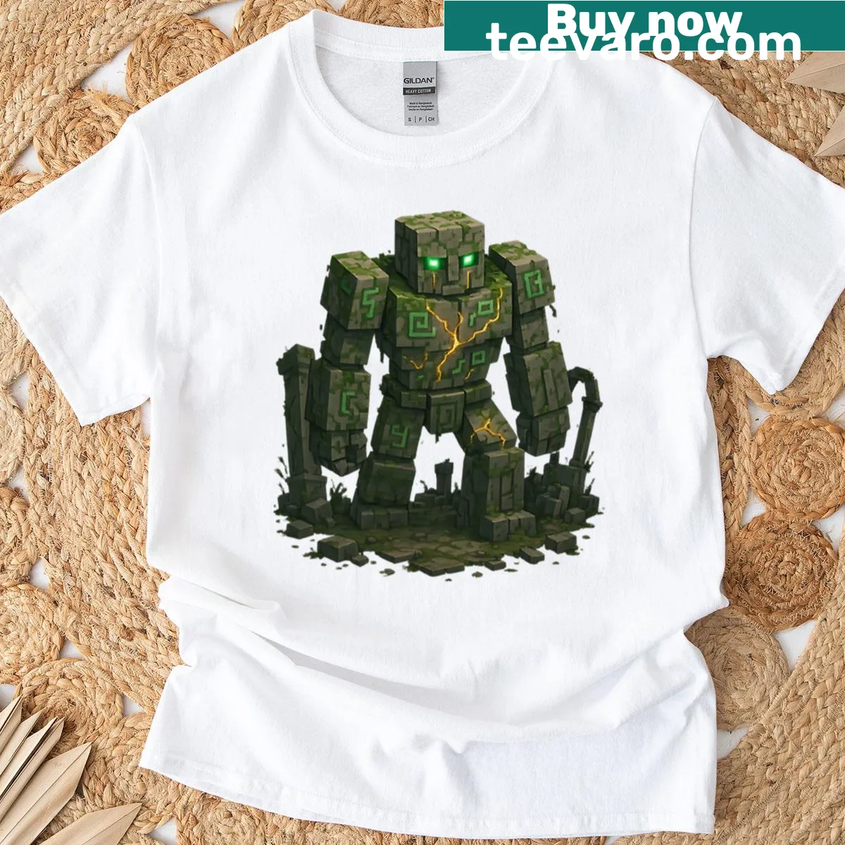 Minecraft Mossy Golem Guardian T-shirt with whimsical graphic — on a men's t-shirt