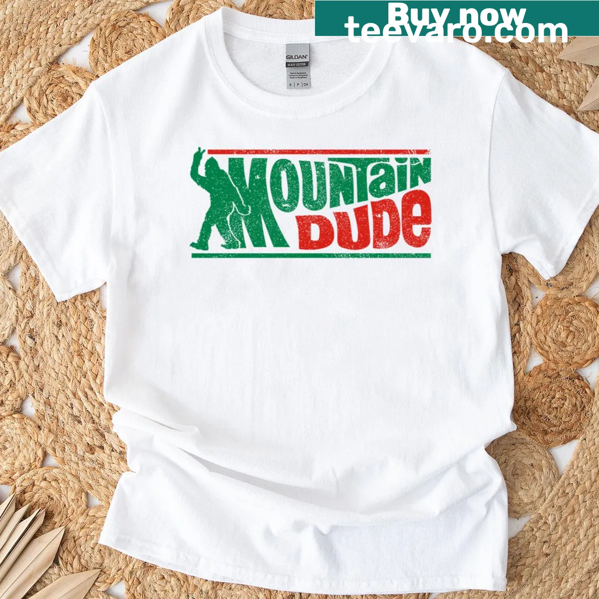 Funny Bigfoot Sasquatch T-shirt with rock-on illustration — on a men's t-shirt